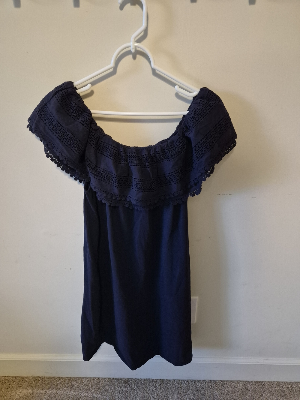 Boden Navy Off-Shoulder Crochet Ruffle Dress